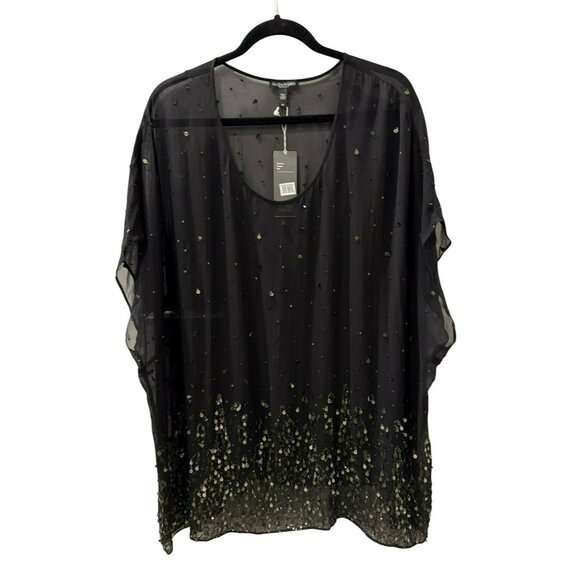 Eileen Fisher Dancing Sequin Silk Top Size 3X Black Sheer Mesh Dolman Sleeve NWT - Picture 1 of 7